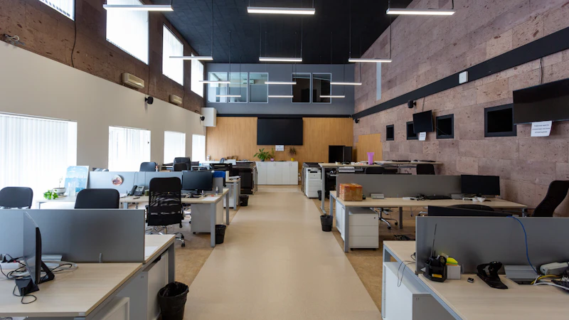 Oficina con puestos de trabajo y ventanales